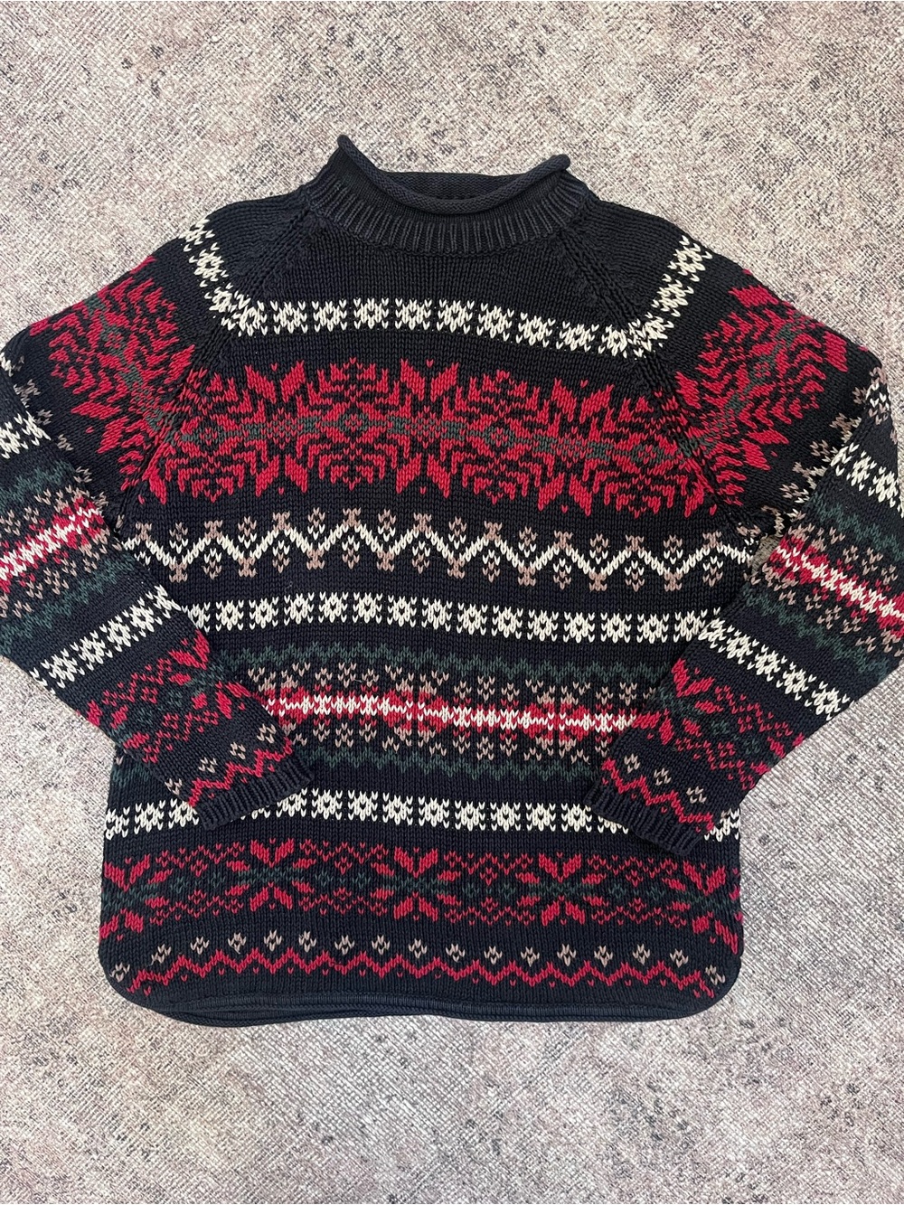 Vintage Eddie Bauer Black Crewneck Knit Sweater Fair Isle Aran Rolled Collar L
